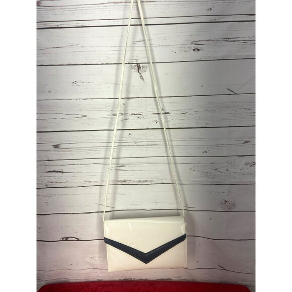 White Leather Clutch With Long Shoulder Strap - Navy Trim - Picture 2 of 7